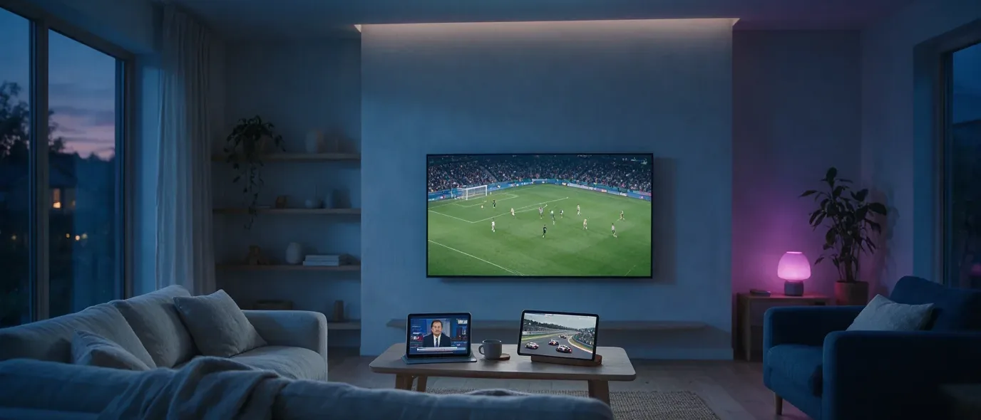 A living-room television, a tablet and a phone side by side, each showing a different live ReflexSat IPTV channel